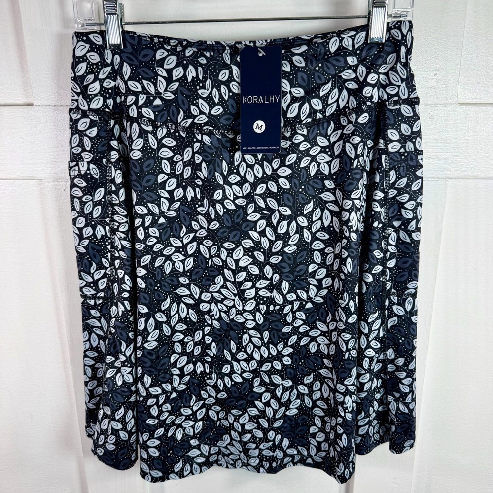KORALHY Womens Skort Athletic Skirt Black White Leaf‎ Print Pockets Size M